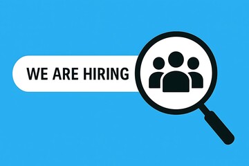 The vector illustration depicts a recruitment advertisement to find job candidates available now.