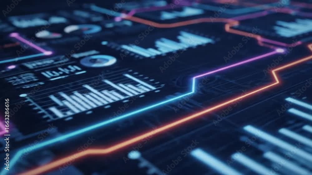 Poster abstract background of technological circuit data flowing with neon lines