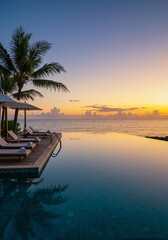 Luxury Infinity Pool at Sunset Overlooking the Ocean, Relaxation Scene in Tropical Paradise