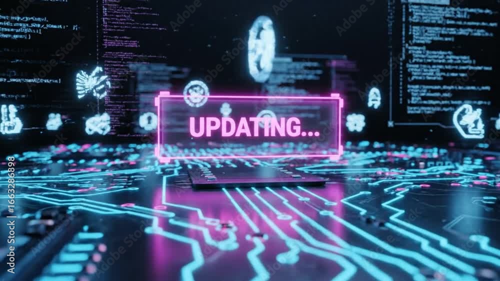 Poster abstract futuristic technology interface with glowing circuits and updating message