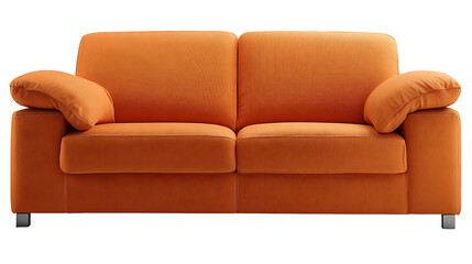 Fototapeta premium A modern orange couch with colorful pillows on a clean white background perfect for interior design concepts or furniture advertisements 