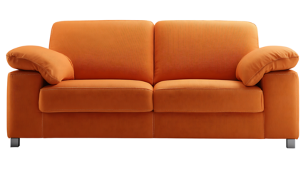 A modern orange couch with colorful pillows on a clean white background perfect for interior design concepts or furniture advertisements
