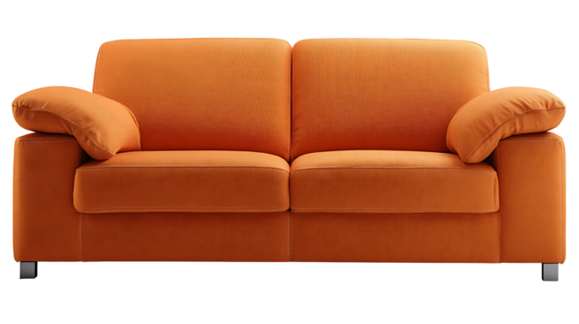 A modern orange couch with colorful pillows on a clean white background perfect for interior design concepts or furniture advertisements
