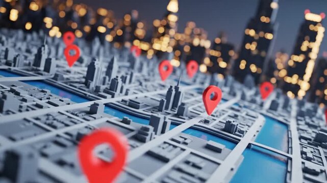 Abstract Cityscape with Red Location Pins and Illuminated Buildings at Night