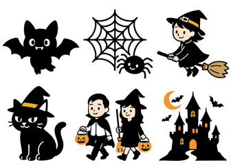ハロウィンを楽しむこどもたちと黒猫のイラストセット