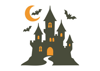 ハロウィンのおばけ屋敷とこうもりのイラスト