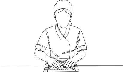 A culinary artist skillfully preparing sushi in a minimalist mon