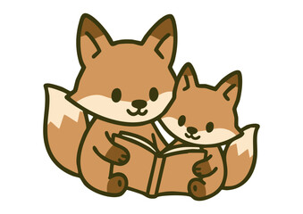 キツネの親子が仲良く読書するかわいいイラスト