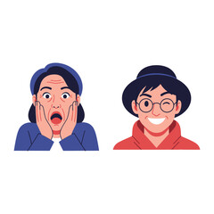 Contrast of Emotions: Two illustrated portraits capturing a spectrum of expressions, showcasing surprise and amusement with a touch of whimsical charm.