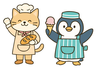 Fototapeta premium パン屋の猫とアイス屋のペンギンのイラスト