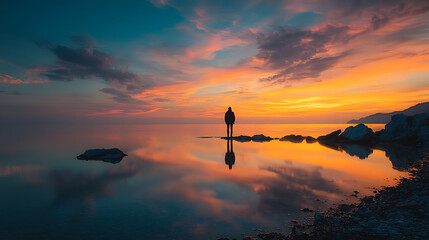  Man standing on coastline during sunset 