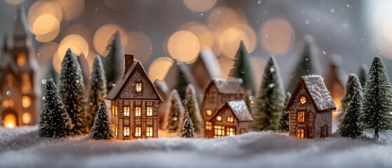 The enchanting winter village scene with illuminated houses and evergreen trees.