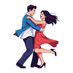 Dancing Delight: A vibrant illustration captures a joyous couple in a romantic embrace, as they gracefully waltz with smiles. Embrace the enchanting world of a passionate dance.