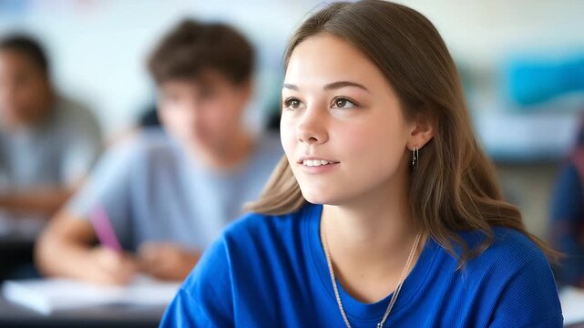 High School Classroom: Attentive teenager focused on the teacher's lesson. Representing education, concentration, youth engagement, learning process and academic success