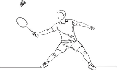 Continuous line drawing of a badminton player hitting shuttlecoc