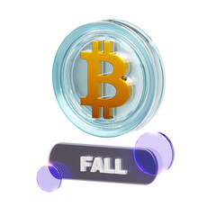 3D rendered Bitcoin symbol above a 'FALL' indicator, representing a cryptocurrency market decline.