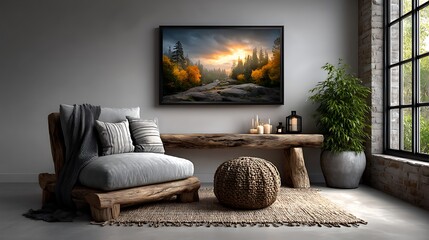 A realistic high-definition photo of a living room with wall-mounted TV and minimalist console.