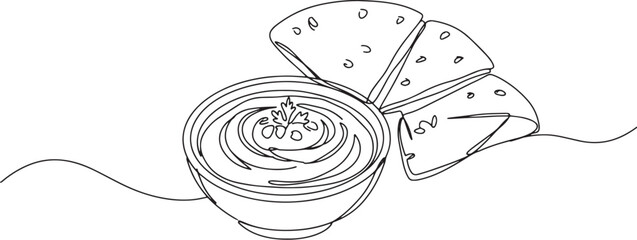 Elegant single line drawing of hummus and pita bread for food il