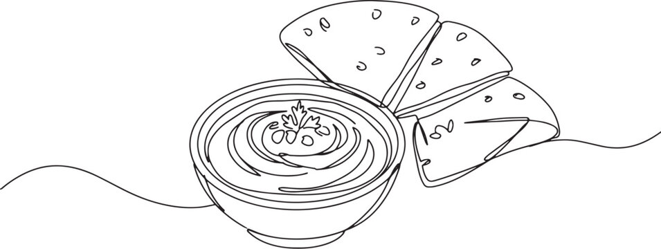 Elegant single line drawing of hummus and pita bread for food il