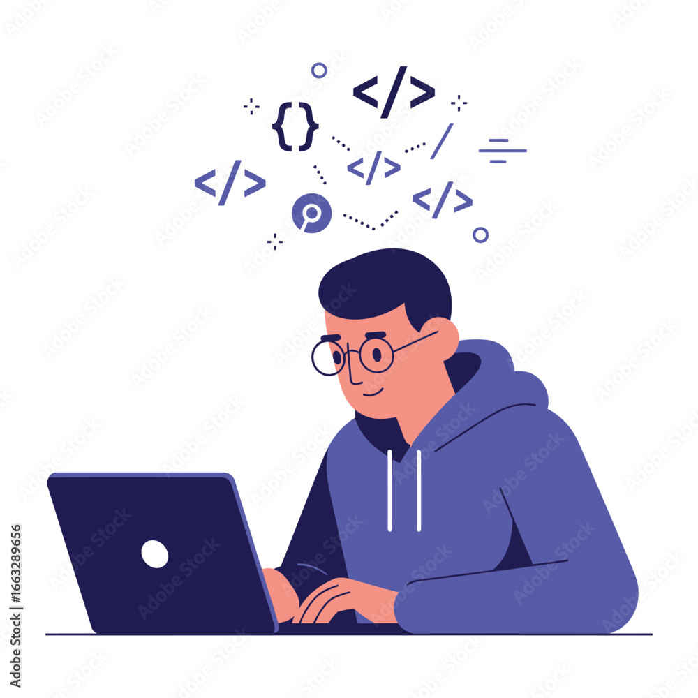 Wall mural tech-savvy visionary: a young individual, engrossed in coding on a sleek laptop, envisions a complex