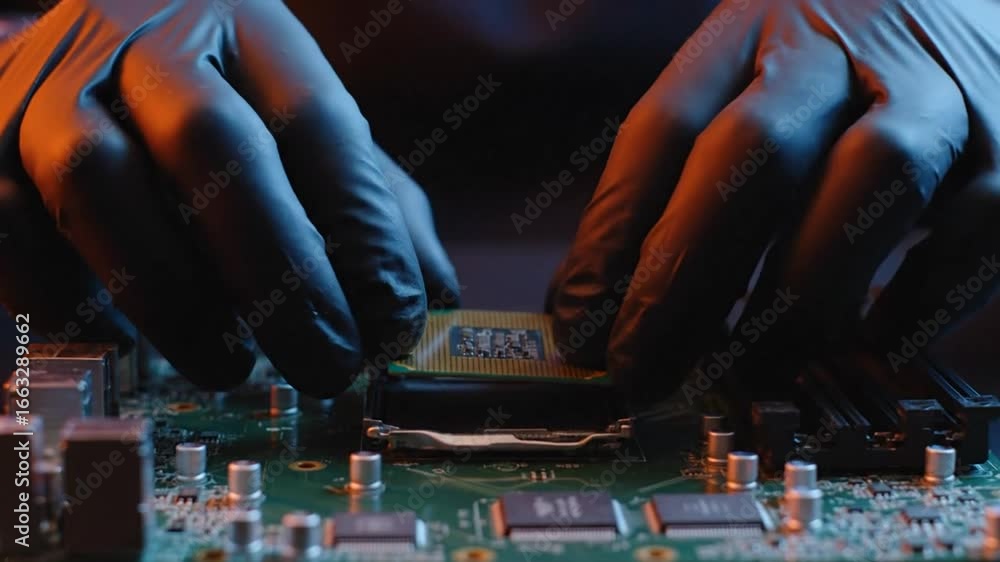 Poster gloves hands installing computer cpu microchip on motherboard component under warm lighting