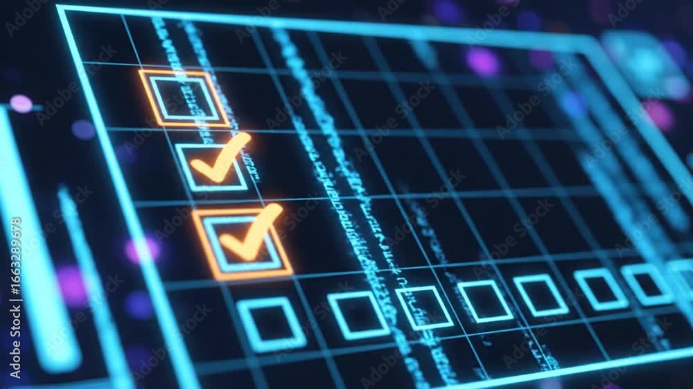 Poster glowing checklist with orange checkmarks on a futuristic tech background