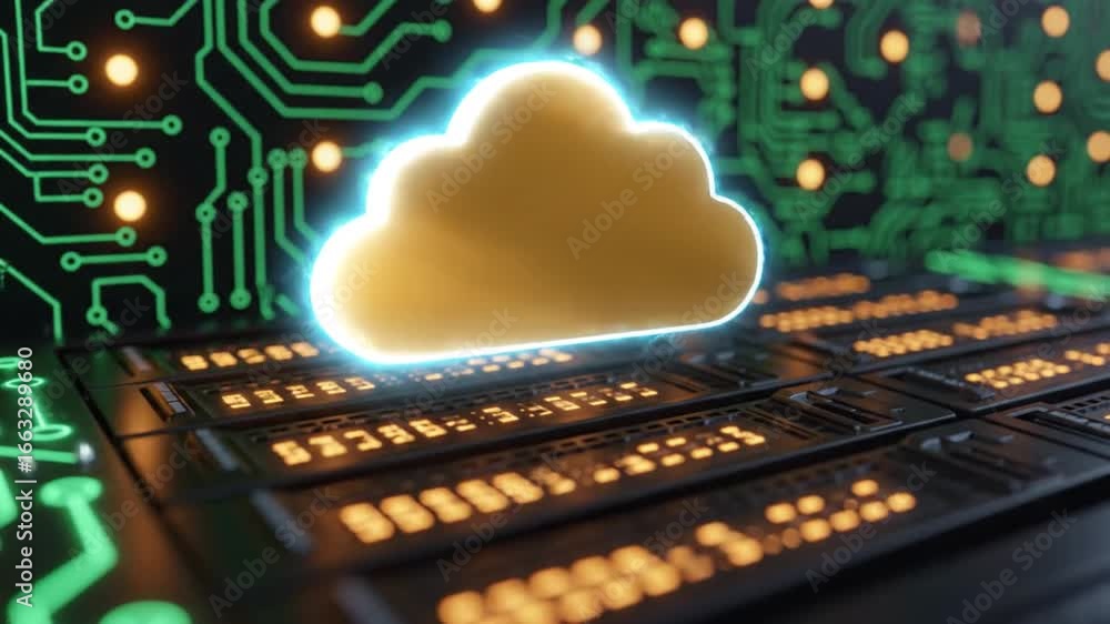 Poster golden cloud icon hovering over server racks with green circuitry background