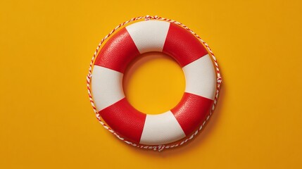 Isolated red and white life preserver on a yellow background, symbolizing safety and help. Lifebuoy for emergency situations and safety in the water.