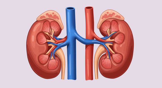 Cartoon Illustration of Human Kidneys with Blood Vessels and Adrenal Glands.