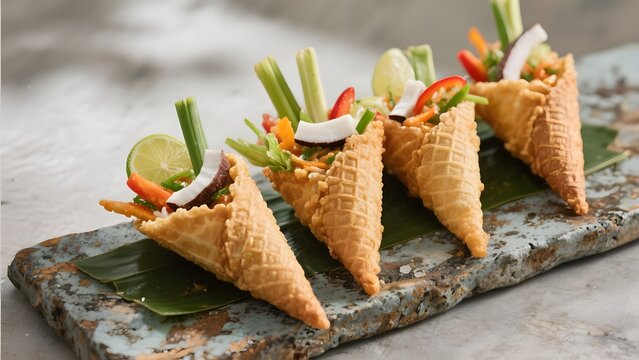 Fried Laksa cones with vegetables, lemongrass, coconut on rustic stone board