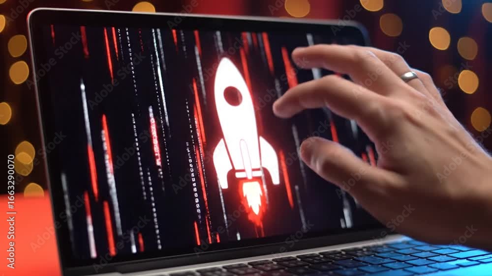Poster hand touching laptop screen showing rocket launching with red binary code animation