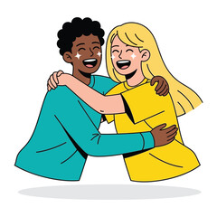 Joyful Embrace: A heartwarming illustration showcasing the bond of friendship as two diverse individuals share a warm embrace, radiating happiness and connection.