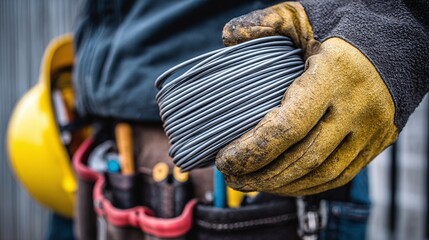 Close-up on worker holding a coil of wire, ready for construction or electrical work. The hard hat is in the background, safety always first.