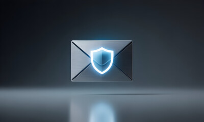 Protected Email Concept: Metallic Envelope with Glowing Shield Emblem Illustrating Data Security in a Dark Setting