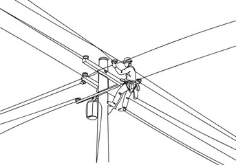 Minimalist line drawing illustration of a lineman repairing high