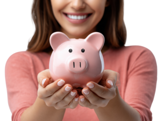 young woman holding piggy bank