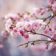 Fototapeta premium Close-Up of Pink Cherry Blossoms on a Branch - Delicate Spring Floral