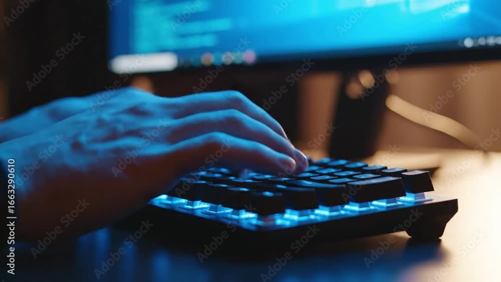 Poster hands typing on illuminated keyboard with blue lighting and computer monitor