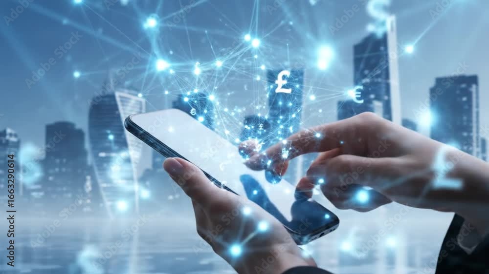 Poster hands using smartphone with currency symbols against cityscape background