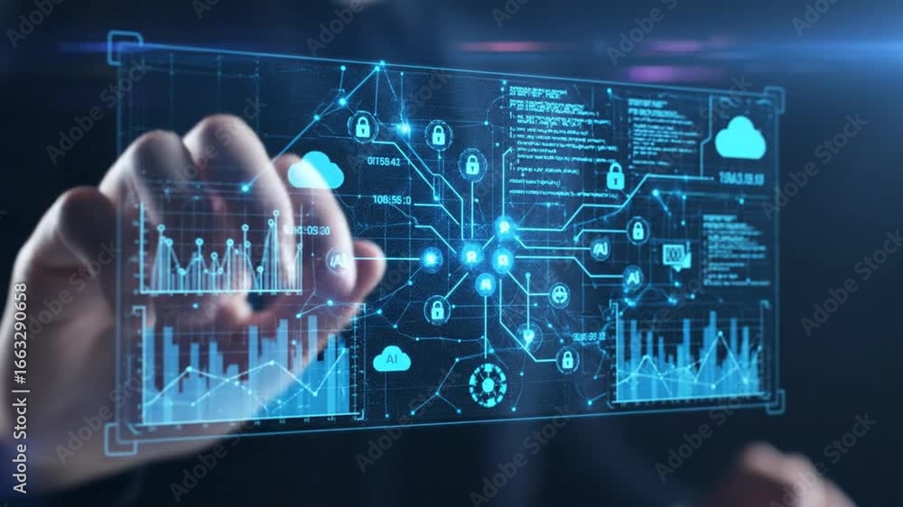 Poster human hand interacting with advanced digital touch screen displaying data and charts