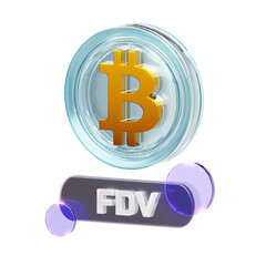 3D render of a golden Bitcoin symbol in a clear coin above an FDV bar with purple spheres.