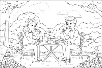 Whimsical Outlined Illustration of a Couple Enjoying a Picnic in