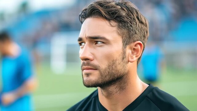 Sports Field: Intense male soccer player demonstrating focus and drive during play. Representing athleticism, determination, competition, strength and professional sports lifestyle