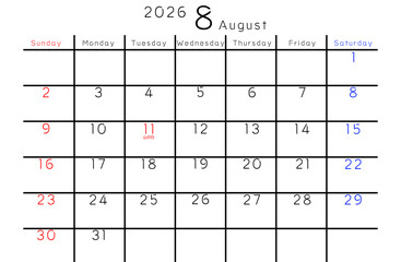 2026年8月　シンプルカレンダー　曜日英語版