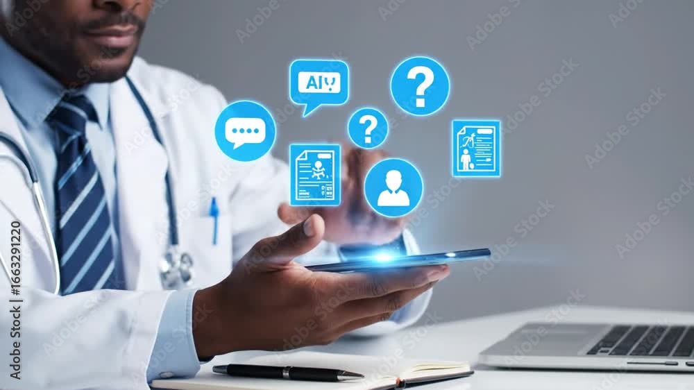 Aufkleber male doctor using smartphone with artificial intelligence application at desk with computer