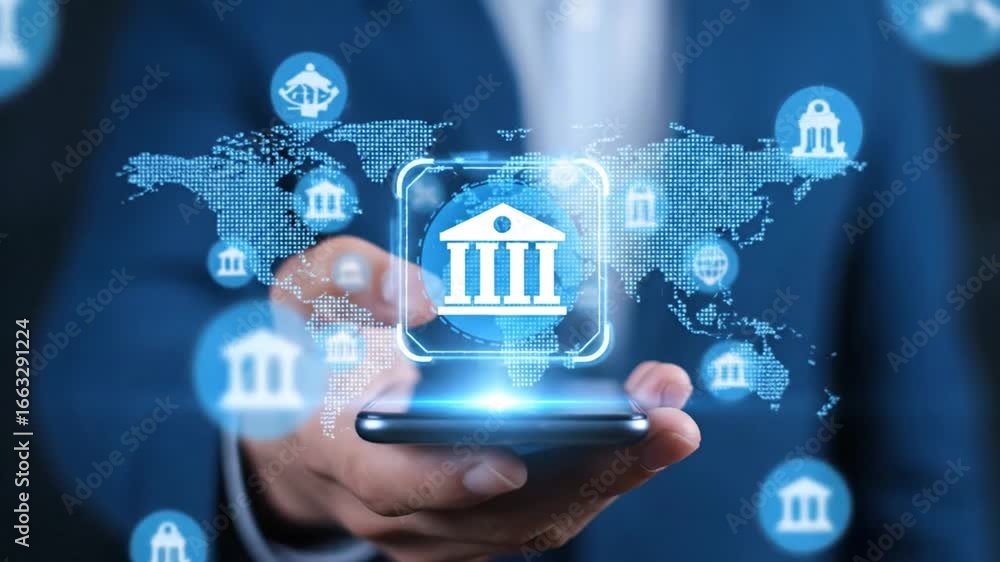Poster man holding smartphone displaying digital banking interface against world map background
