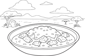 Outline Illustration of Botswanan Seswaa Dish with Savannah Back