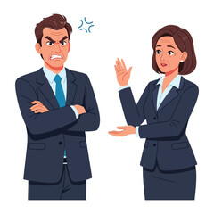 Workplace Conflict: A tense moment unfolds as a professional, arms crossed, confronts a colleague in an animated, illustrated confrontation of workplace issue.