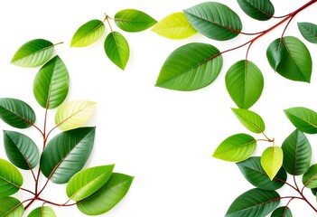Vibrant green leaf border frame, isolated on white,  white background,   summer leaves