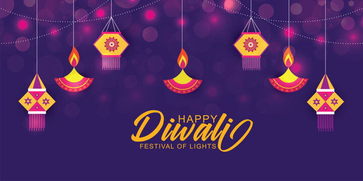 Happy Diwali Hindu festival horizontal banner with hanging Indian lantern